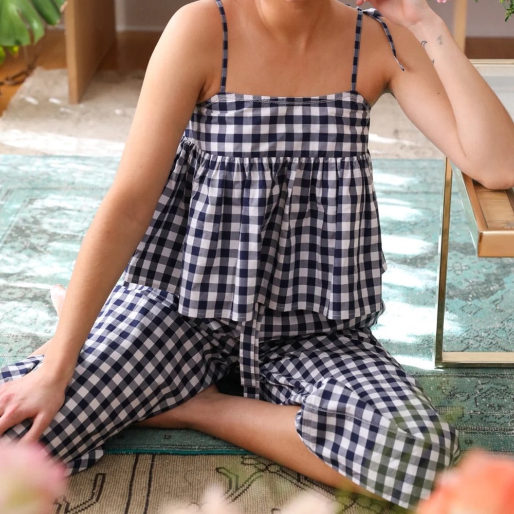 MILLE RESORT & TRAVEL Blue & White Cotton Gingham Top and Cropped Pants Set
